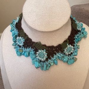 Turquoise Gemstone Crochet Choker Necklace, Adjustable, Metal-Free Bib Necklace